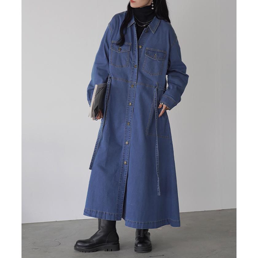 ワンピース デニム シャツ ワンピ ロング ロングワンピース デニムワンピース デニムワンピ レディース アウター 長い デニムシャツ シャツワンピース | HUG.U | 06