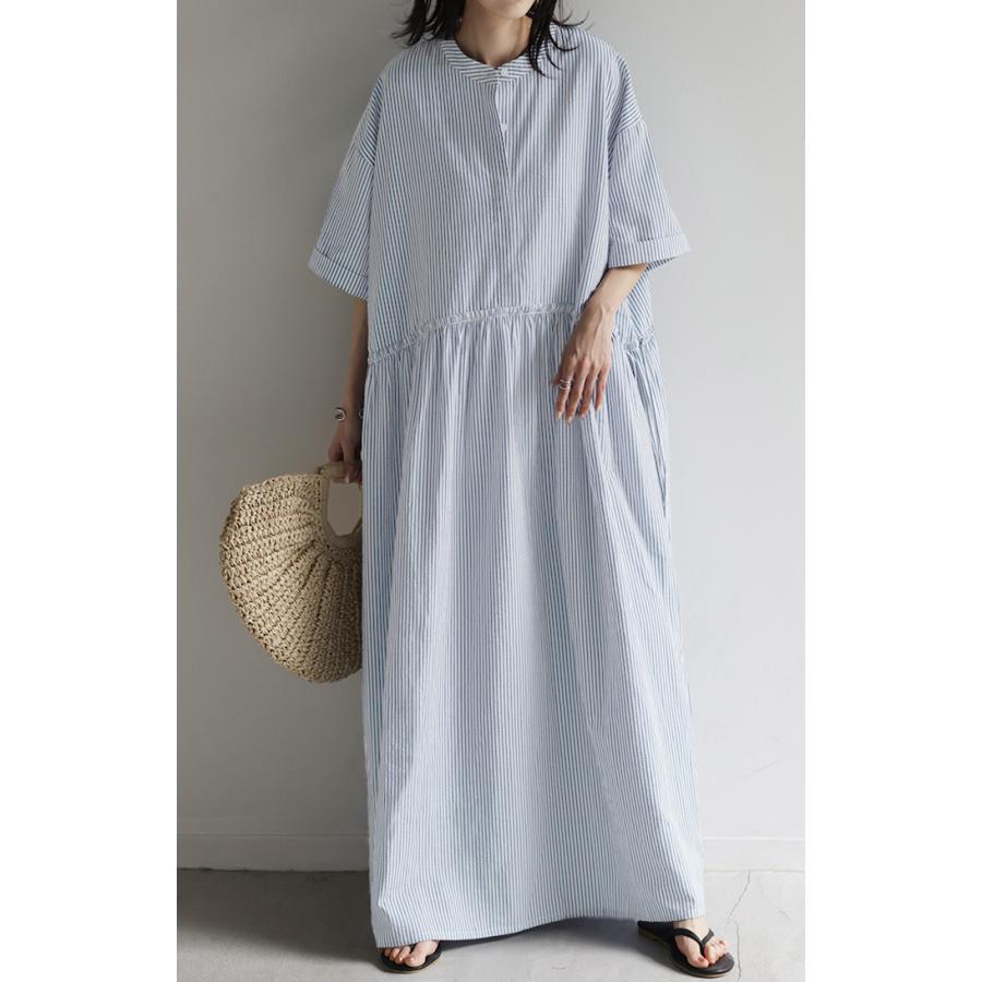 ワンピース ストライプ ロング レディース バンドカラー 半袖 二の腕カバー シアサッカー ウエストマーク フレアワンピース フレア | HUG.U | 20