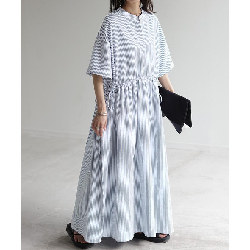 ワンピース ストライプ ロング レディース バンドカラー 半袖 二の腕カバー シアサッカー ウエストマーク フレアワンピース フレア | HUG.U | 07