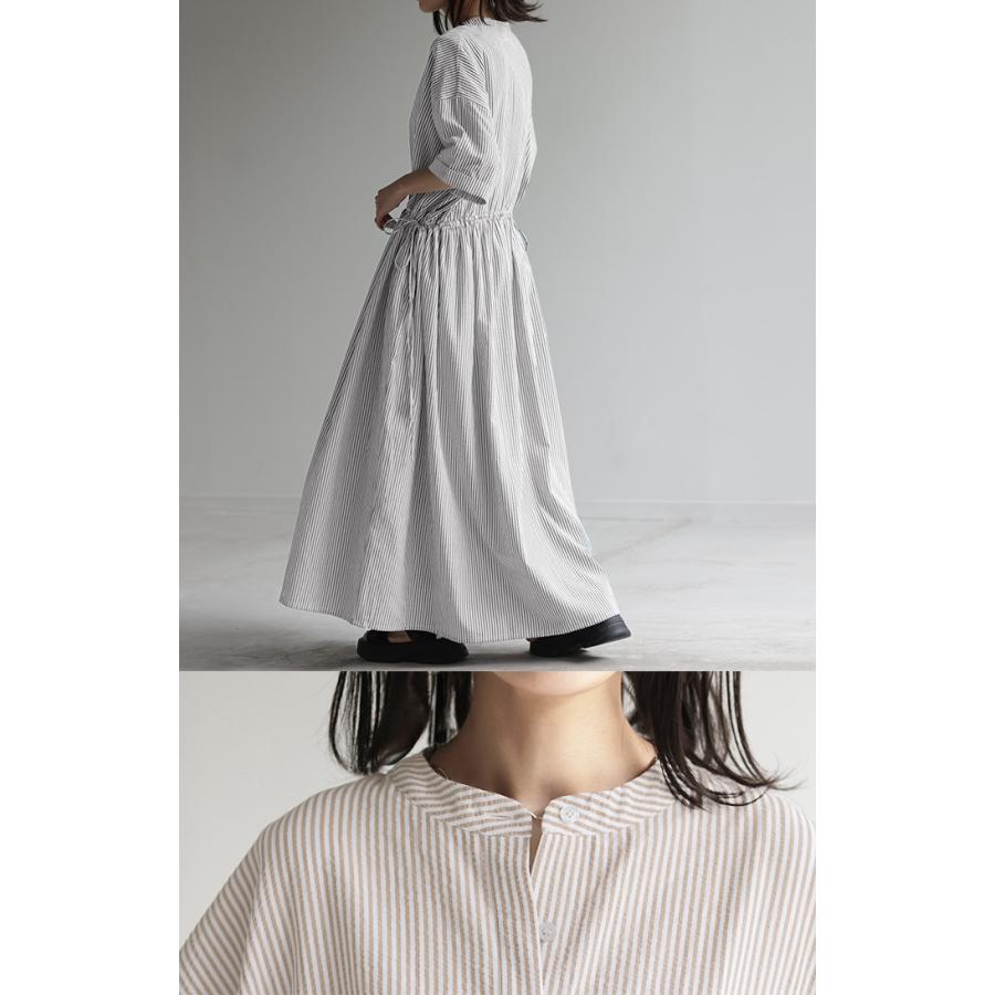 ワンピース ストライプ ロング レディース バンドカラー 半袖 二の腕カバー シアサッカー ウエストマーク フレアワンピース フレア | HUG.U | 11