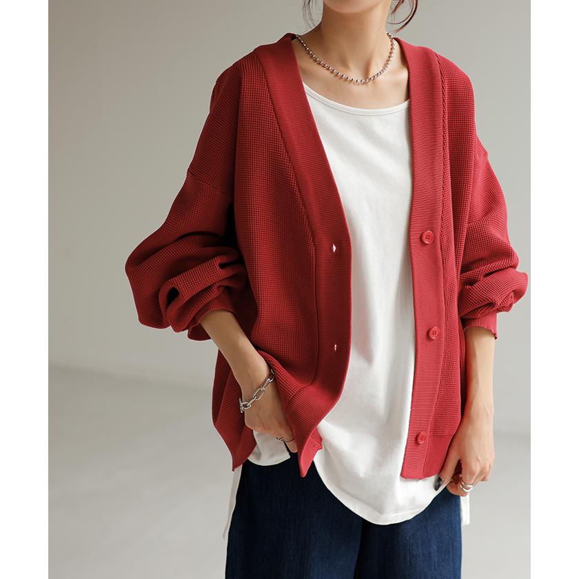 カーディガン カーデ ショート丈 スポンジ ニット ワッフル チクチクしない レディース セーター トップス | HUG.U | 06