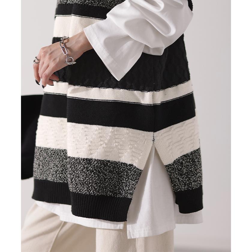 ベスト ニット 体型カバー ボーダー レディース ケーブル レイヤード ニットベスト トップス セーター チュニック2 | HUG.U | 12