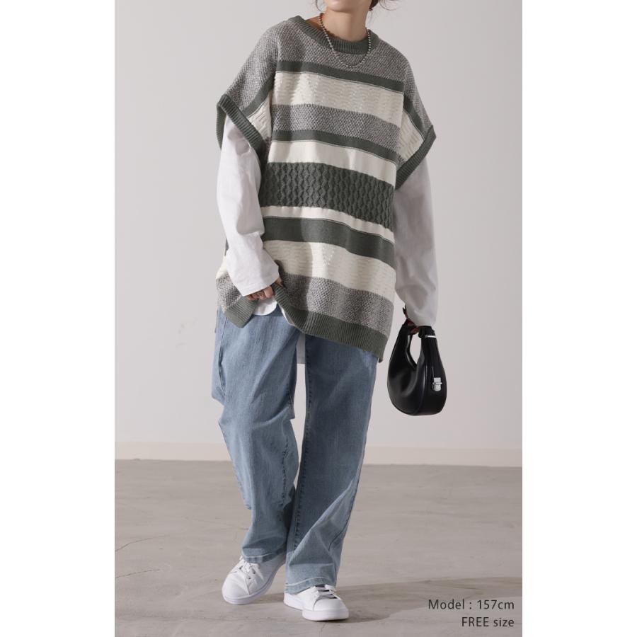 ベスト ニット 体型カバー ボーダー レディース ケーブル レイヤード ニットベスト トップス セーター チュニック2 | HUG.U | 06