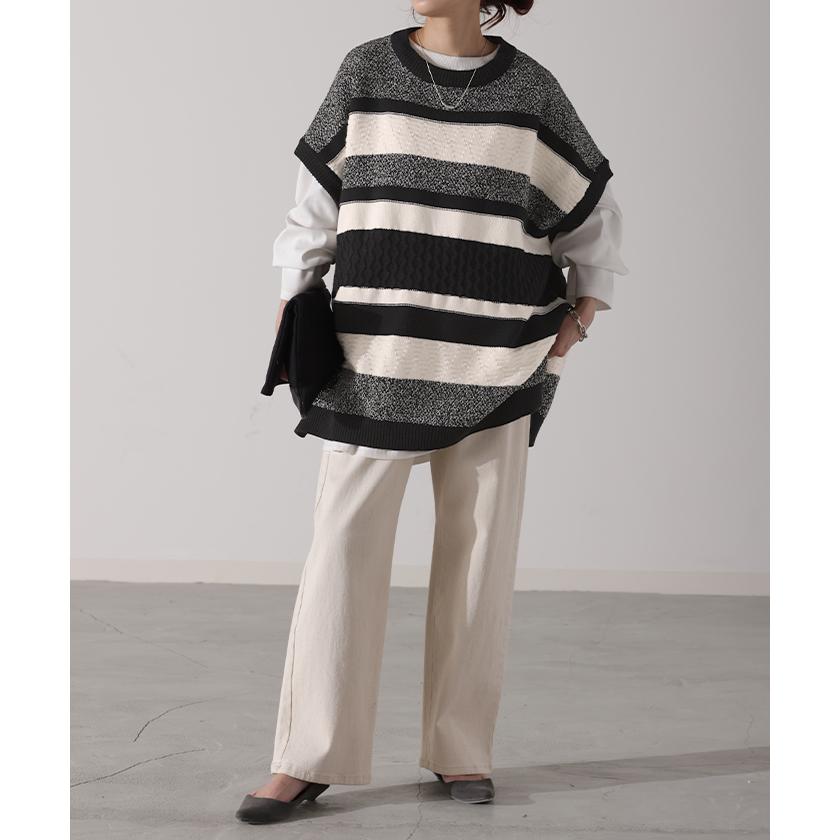 ベスト ニット 体型カバー ボーダー レディース ケーブル レイヤード ニットベスト トップス セーター チュニック2 | HUG.U | 10