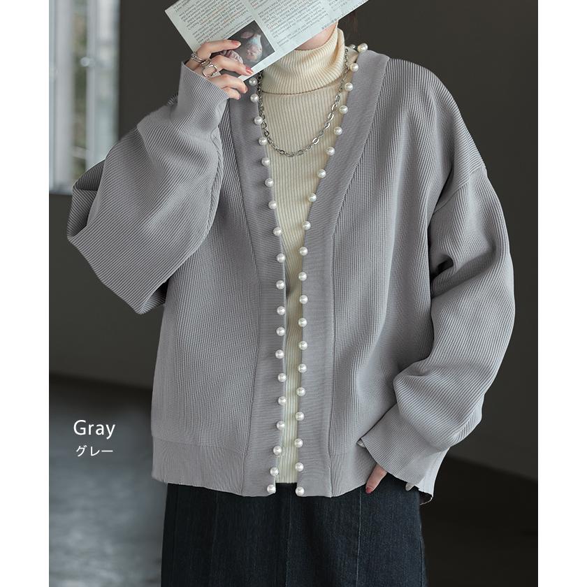 カーディガン カーデ 大粒 パール ニット スポンジニット きれいめ 体型カバー レディース トップス ぽわん袖 | HUG.U | 17