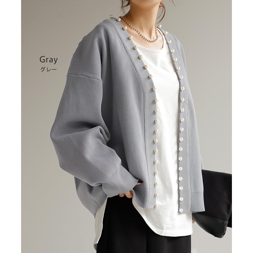 カーディガン カーデ 大粒 パール ニット スポンジニット きれいめ 体型カバー レディース トップス ぽわん袖 | HUG.U | 17