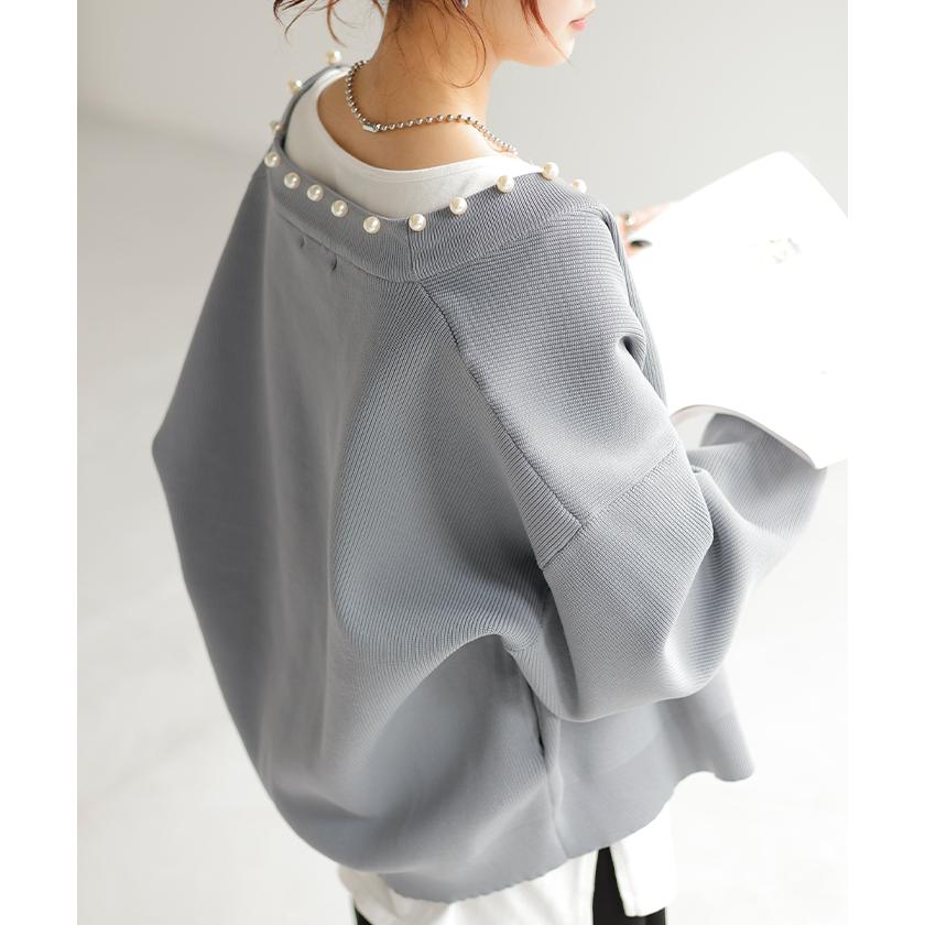 カーディガン カーデ 大粒 パール ニット スポンジニット きれいめ 体型カバー レディース トップス ぽわん袖 | HUG.U | 24