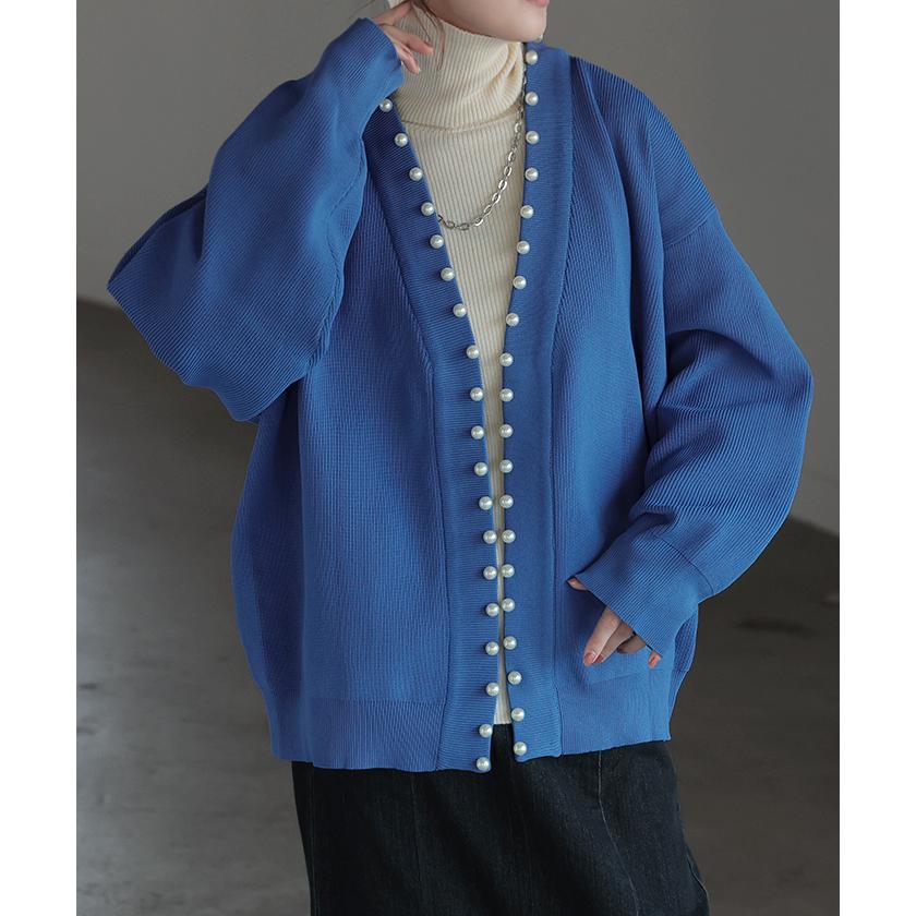 カーディガン カーデ 大粒 パール ニット スポンジニット きれいめ 体型カバー レディース トップス ぽわん袖 | HUG.U | 09