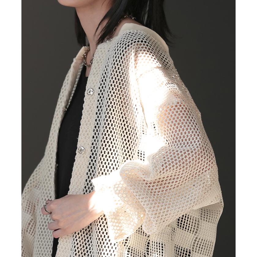 カーディガン メッシュ サマーニット レディース 長袖 透かし編み ニット カーデ メッシュカーデ ジャスト丈 トップス セーター | HUG.U | 15
