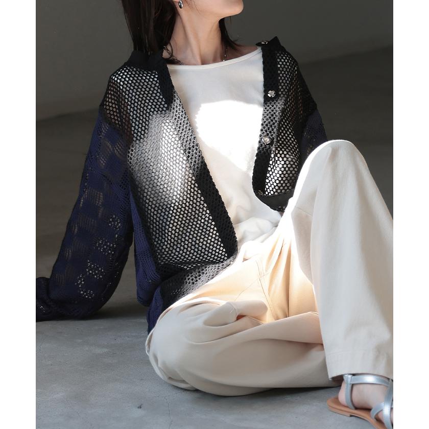 カーディガン メッシュ サマーニット レディース 長袖 透かし編み ニット カーデ メッシュカーデ ジャスト丈 トップス セーター | HUG.U | 17