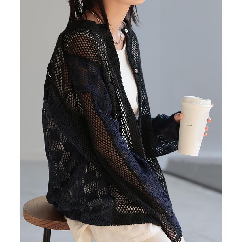 カーディガン メッシュ サマーニット レディース 長袖 透かし編み ニット カーデ メッシュカーデ ジャスト丈 トップス セーター | HUG.U | 20