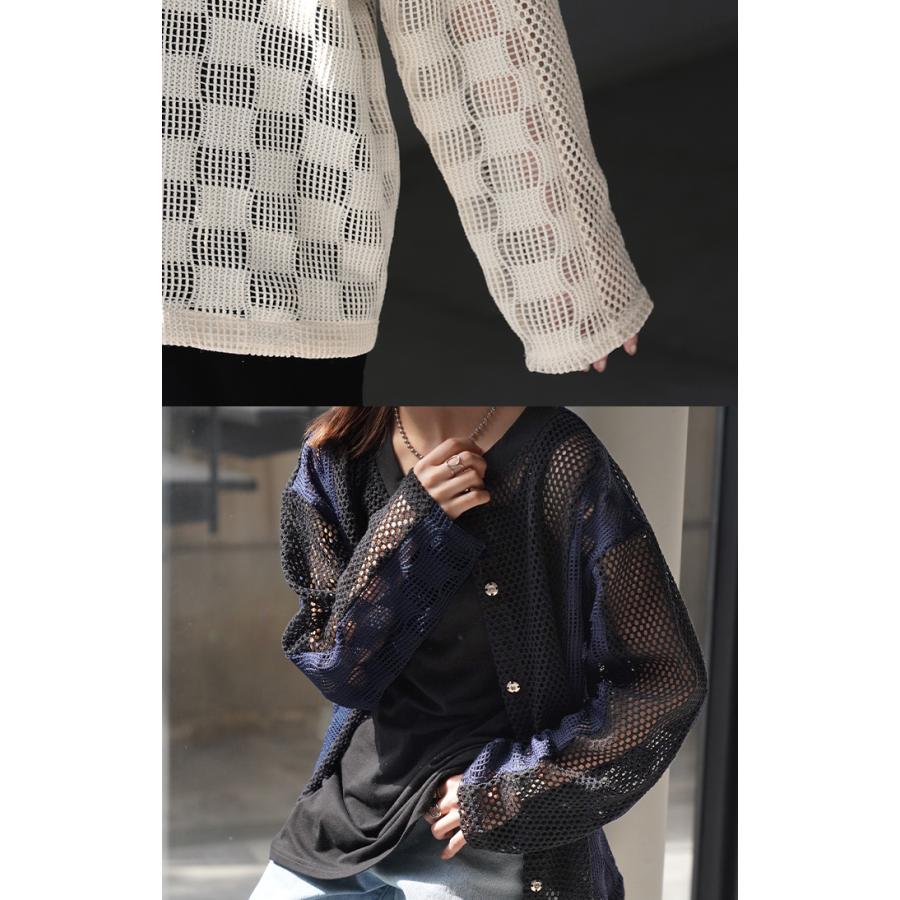 カーディガン メッシュ サマーニット レディース 長袖 透かし編み ニット カーデ メッシュカーデ ジャスト丈 トップス セーター | HUG.U | 21