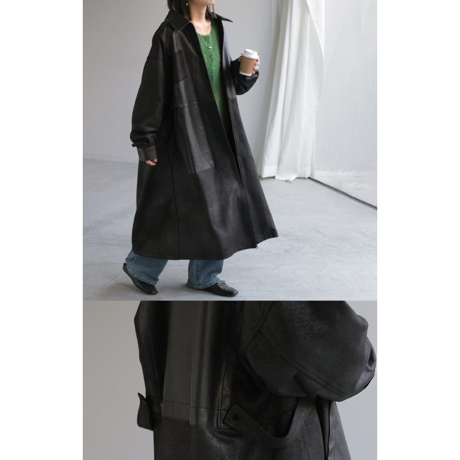 ジャケット レザー 風 ロング レディース アウター ロングジャケット コート ストレッチ 軽量 オーバー ロングアウター 切り替え ロングコート レザージャケット | HUG.U | 11