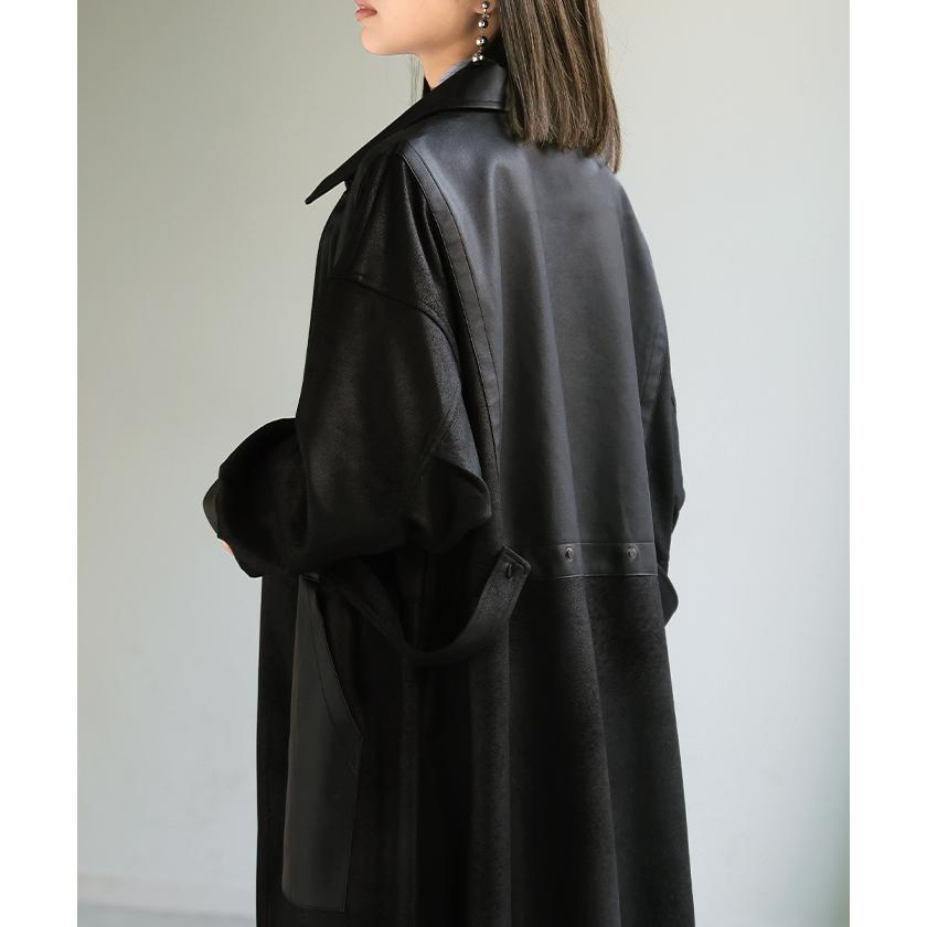 ジャケット レザー 風 ロング レディース アウター ロングジャケット コート ストレッチ 軽量 オーバー ロングアウター 切り替え ロングコート レザージャケット | HUG.U | 07
