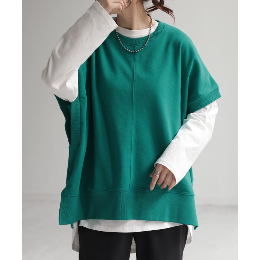 Tシャツ ベスト スウェット トップス レディース ロング 半袖 着回し トレーナー 無地 レイヤード ゆったり | HUG.U | 09