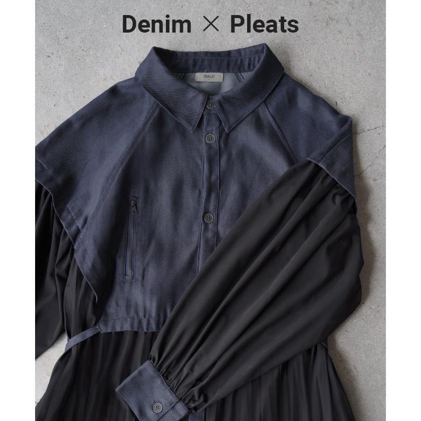 ワンピ レディース アウター プリーツ シャツ ロングワンピース ロングワンピ ロング デニム デニムワンピ 切り替え 異素材 長い マキシ 長袖 | HUG.U | 10