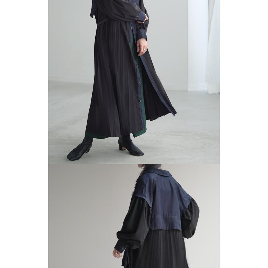 ワンピ レディース アウター プリーツ シャツ ロングワンピース ロングワンピ ロング デニム デニムワンピ 切り替え 異素材 長い マキシ 長袖 | HUG.U | 13