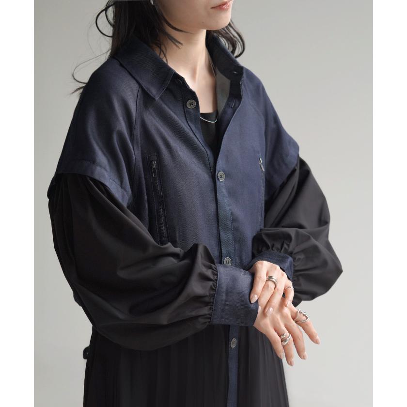 ワンピ レディース アウター プリーツ シャツ ロングワンピース ロングワンピ ロング デニム デニムワンピ 切り替え 異素材 長い マキシ 長袖 きれいめ 体型カバー おしゃれ 羽織 前開き ぽわん袖 ロング丈 大きい Aライン ブラック 黒 秋 夏 HUG.U 秋新作 HUG.U（ハグユー） ワンピ レディース アウター プリーツ シャツ