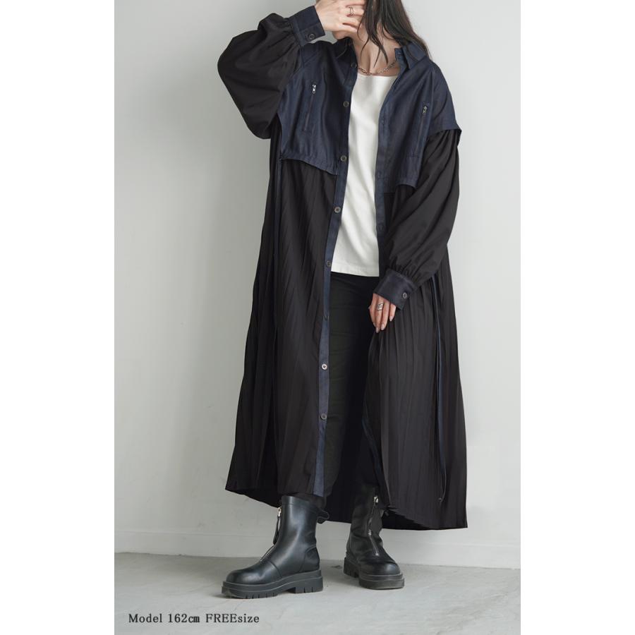 ワンピ レディース アウター プリーツ シャツ ロングワンピース ロングワンピ ロング デニム デニムワンピ 切り替え 異素材 長い マキシ 長袖 | HUG.U | 05