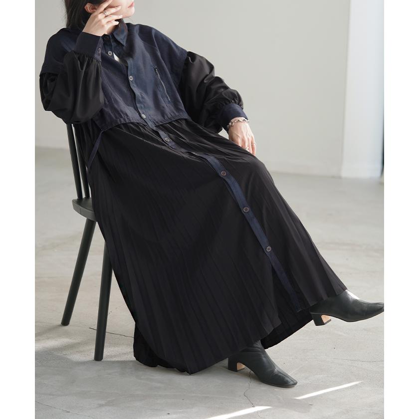 ワンピ レディース アウター プリーツ シャツ ロングワンピース ロングワンピ ロング デニム デニムワンピ 切り替え 異素材 長い マキシ 長袖 | HUG.U | 09