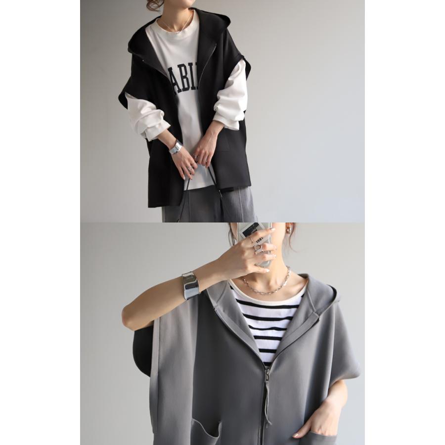 パーカー 軽量 半袖 トップス レディース ロング レイヤード ゆったり ニット 無地 ジレ ベスト ニットベスト | HUG.U | 19