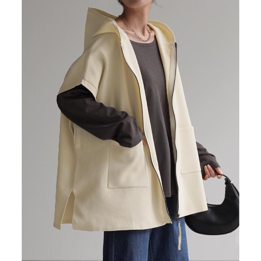 パーカー 軽量 半袖 トップス レディース ロング レイヤード ゆったり ニット 無地 ジレ ベスト ニットベスト | HUG.U | 21