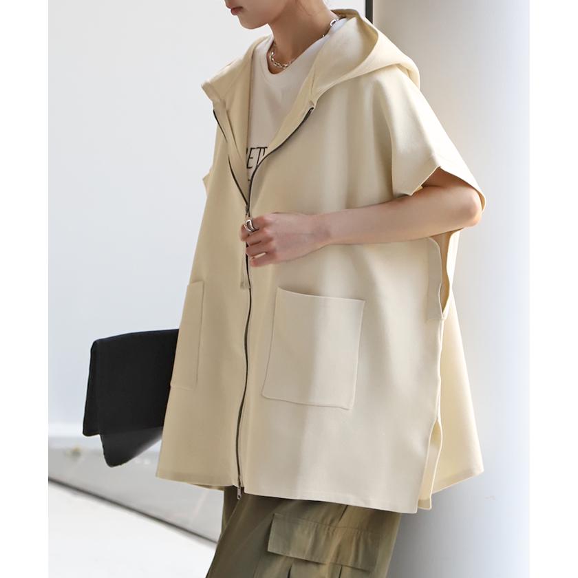 パーカー 軽量 半袖 トップス レディース ロング レイヤード ゆったり ニット 無地 ジレ ベスト ニットベスト | HUG.U | 07
