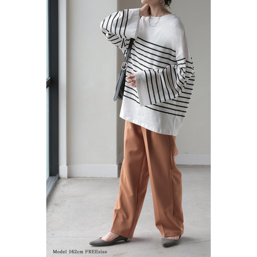 カットソー Tシャツ ボーダー 綿100％ レディース トップス ロング 長袖 ロング ロングＴシャツ ロングトップス | HUG.U | 11