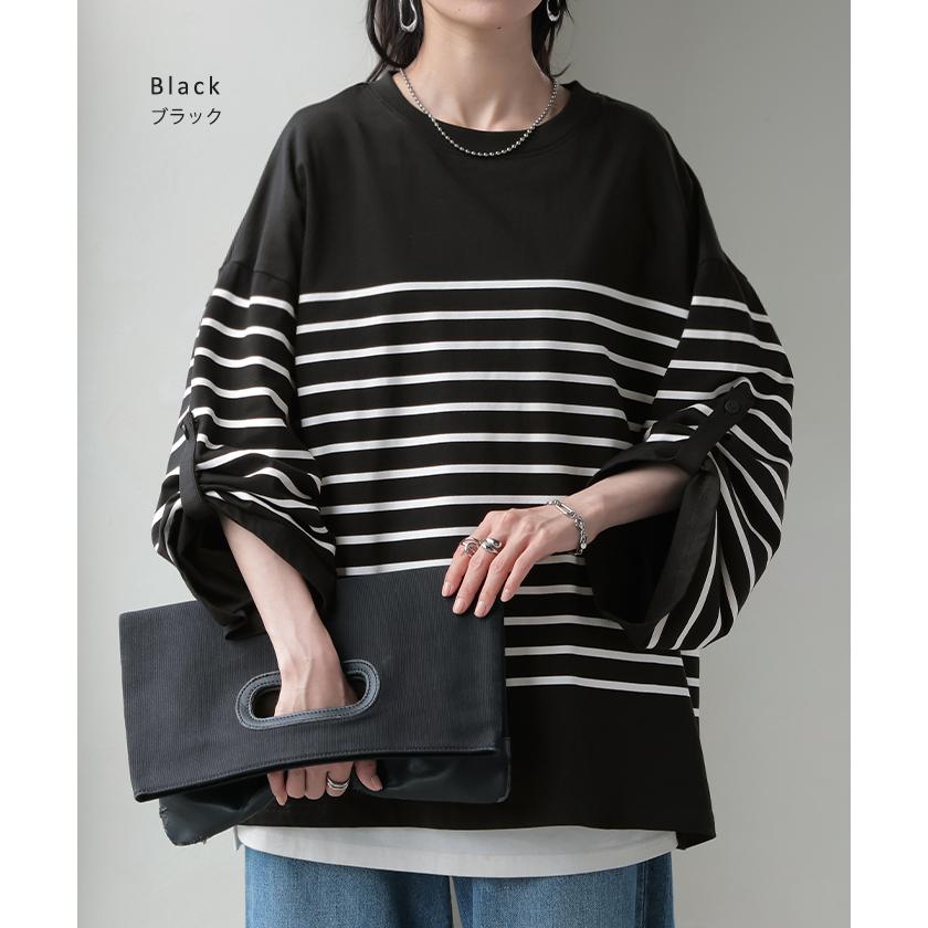 カットソー Tシャツ ボーダー 綿100％ レディース トップス ロング 長袖 ロング ロングＴシャツ ロングトップス | HUG.U | 13