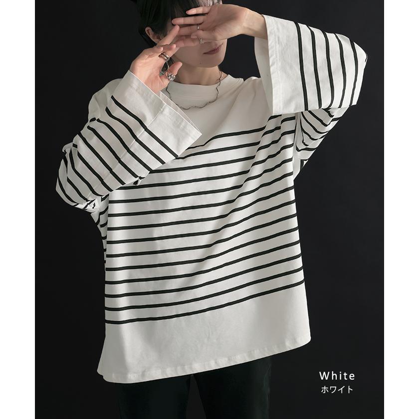 カットソー Tシャツ ボーダー 綿100％ レディース トップス ロング 長袖 ロング ロングＴシャツ ロングトップス | HUG.U | 14