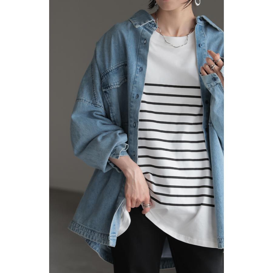 カットソー Tシャツ ボーダー 綿100％ レディース トップス ロング 長袖 ロング ロングＴシャツ ロングトップス | HUG.U | 17