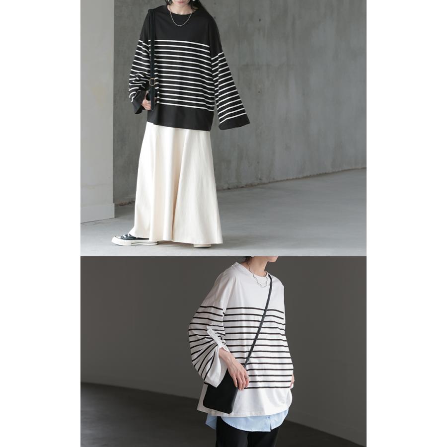 カットソー Tシャツ ボーダー 綿100％ レディース トップス ロング 長袖 ロング ロングＴシャツ ロングトップス | HUG.U | 18