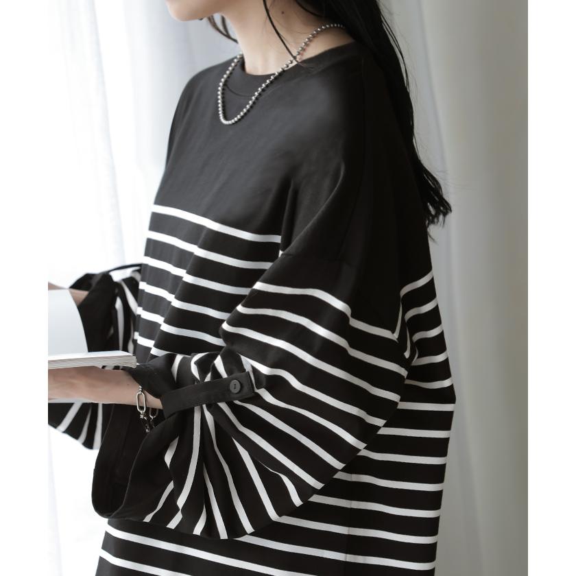 カットソー Tシャツ ボーダー 綿100％ レディース トップス ロング 長袖 ロング ロングＴシャツ ロングトップス | HUG.U | 04