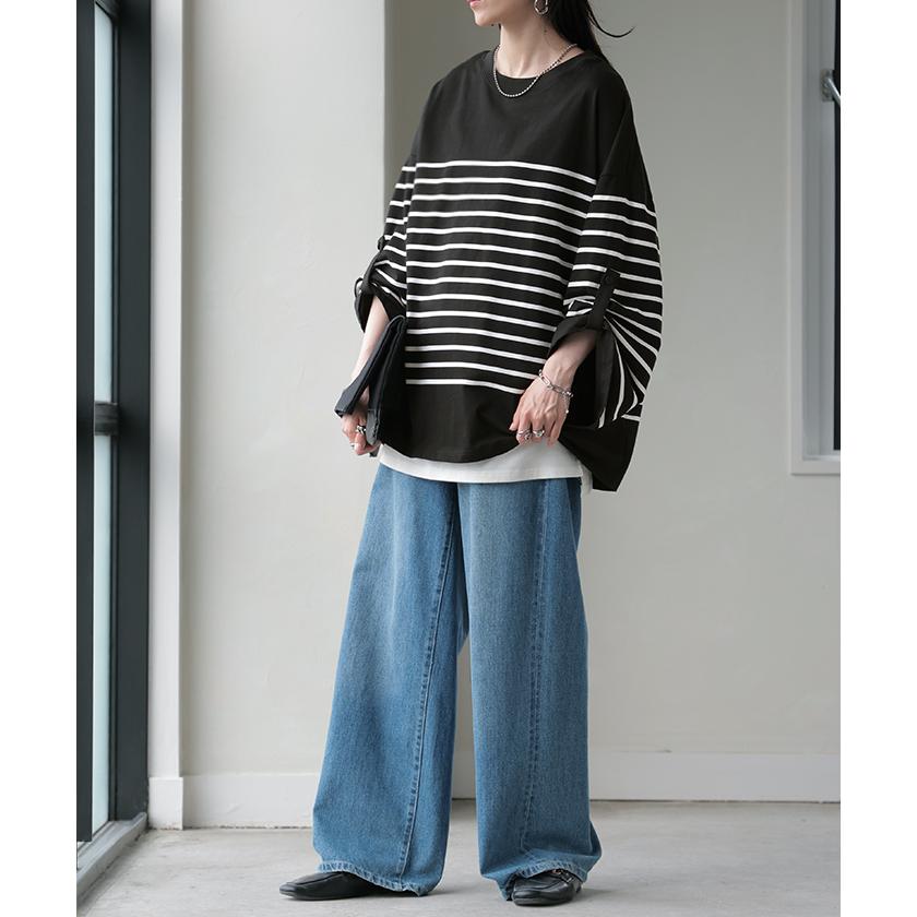 カットソー Tシャツ ボーダー 綿100％ レディース トップス ロング 長袖 ロング ロングＴシャツ ロングトップス | HUG.U | 08