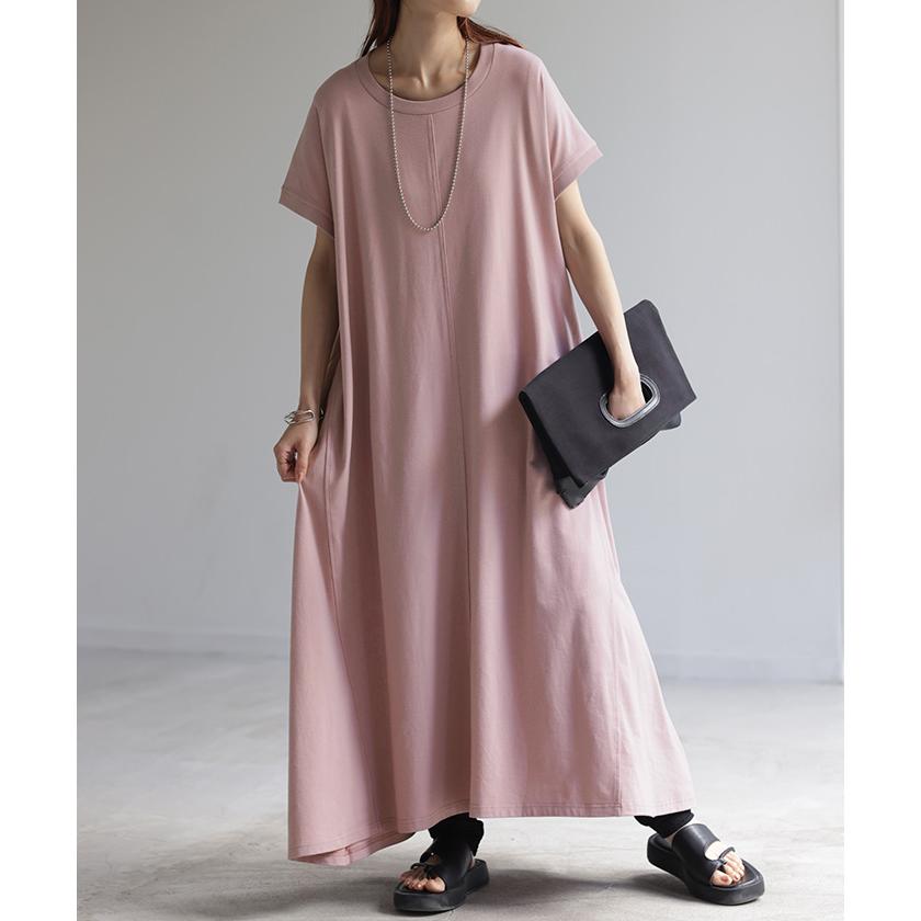ワンピース Tシャツワンピース 綿 混 レディース ロング フレンチスリーブ フレア 半袖 フロント | HUG.U | 10