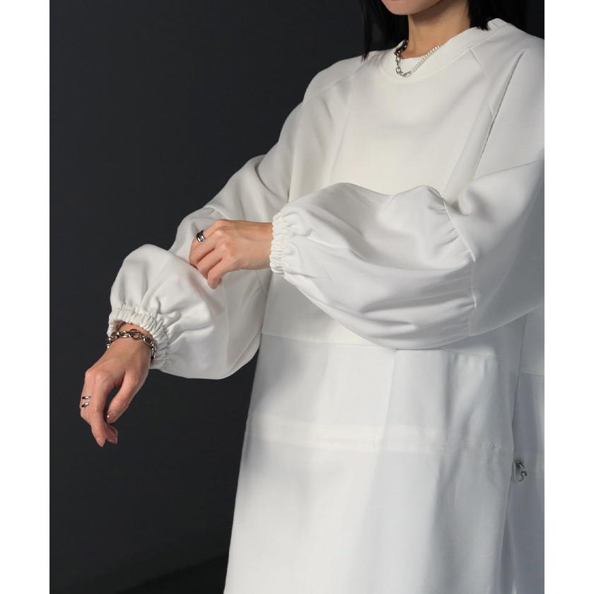 トップス ドロスト チュニック ドッキング プルオーバー ダンボール レディース ニット ロング 長袖 長い ボリュームスリーブ ドルマン クルーネック ツイル | HUG.U | 18