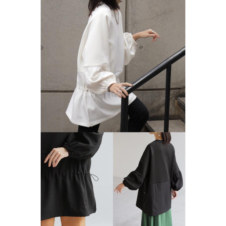 トップス ドロスト チュニック ドッキング プルオーバー ダンボール レディース ニット ロング 長袖 長い ボリュームスリーブ ドルマン クルーネック ツイル | HUG.U | 07