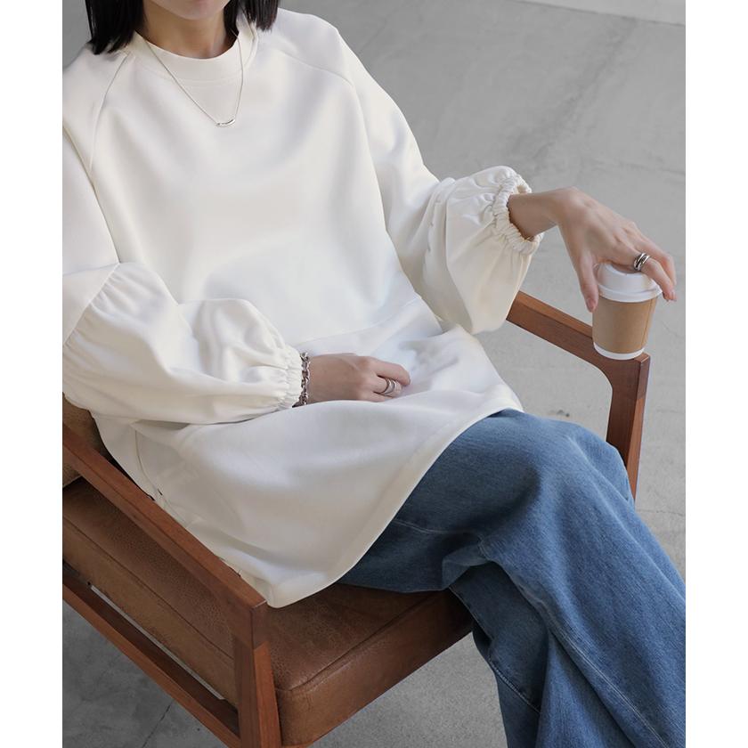 トップス ドロスト チュニック ドッキング プルオーバー ダンボール レディース ニット ロング 長袖 長い ボリュームスリーブ ドルマン クルーネック ツイル | HUG.U | 09