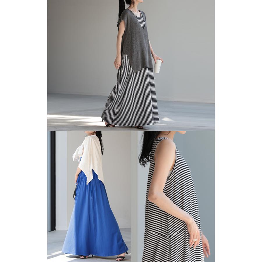 ワンピース マキシ 綿 混 ノースリーブ レディース ワンピ 無地 ボーダー ロング タンクトップ マキシワンピース | HUG.U | 20