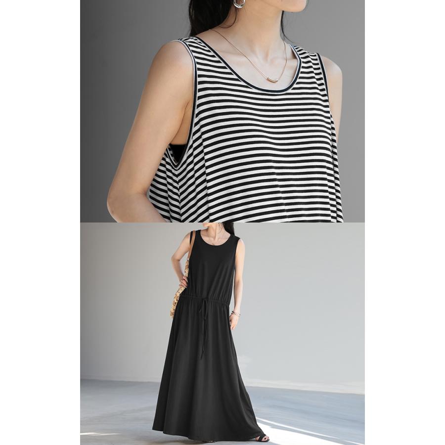 ワンピース マキシ 綿 混 ノースリーブ レディース ワンピ 無地 ボーダー ロング タンクトップ マキシワンピース | HUG.U | 11