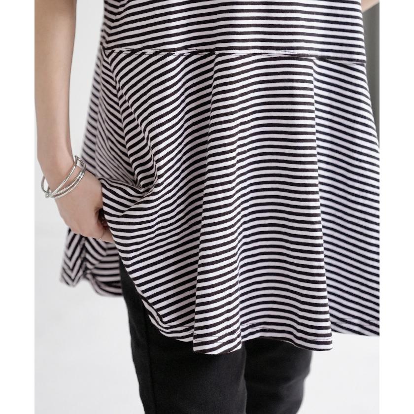Tシャツ ボーダー 柄 トップス ロング カットソー 二の腕カバーきれいめ レディース ティーシャツ 半袖 | HUG.U | 20