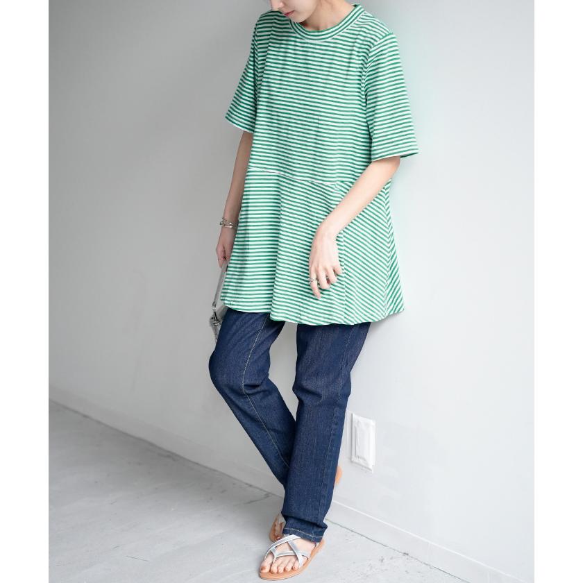 Tシャツ ボーダー 柄 トップス ロング カットソー 二の腕カバーきれいめ レディース ティーシャツ 半袖 | HUG.U | 22