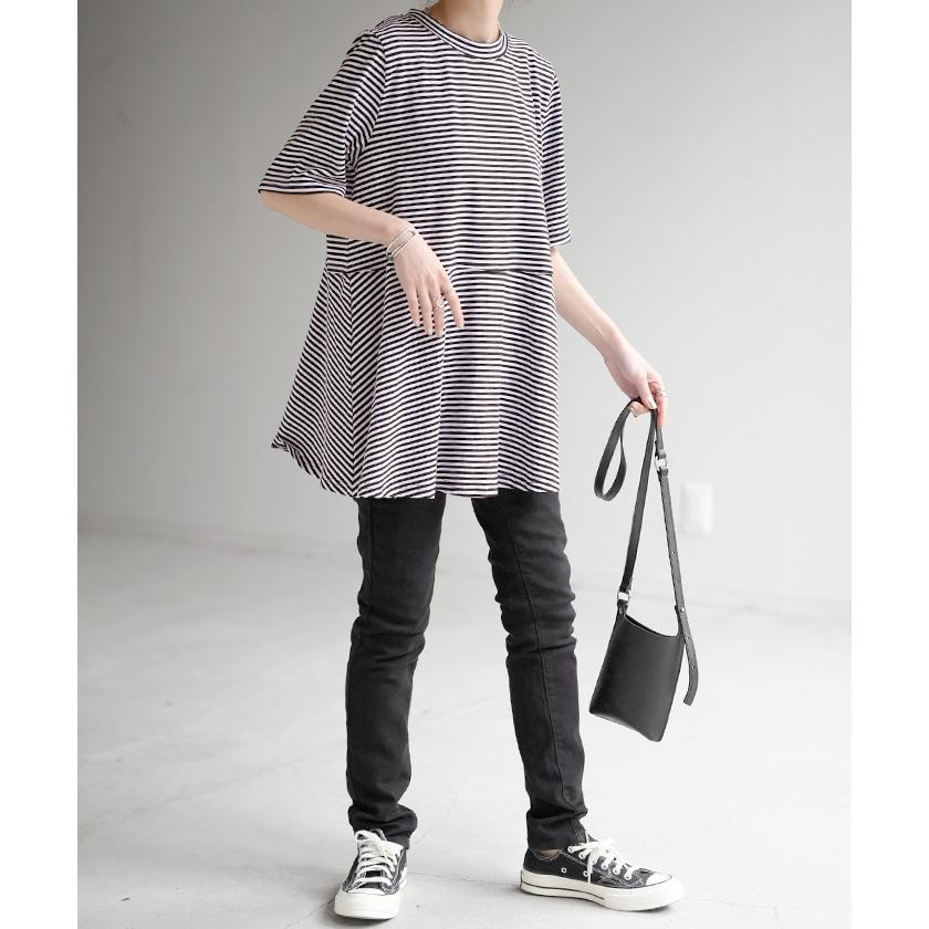 Tシャツ ボーダー 柄 トップス ロング カットソー 二の腕カバーきれいめ レディース ティーシャツ 半袖 | HUG.U | 10