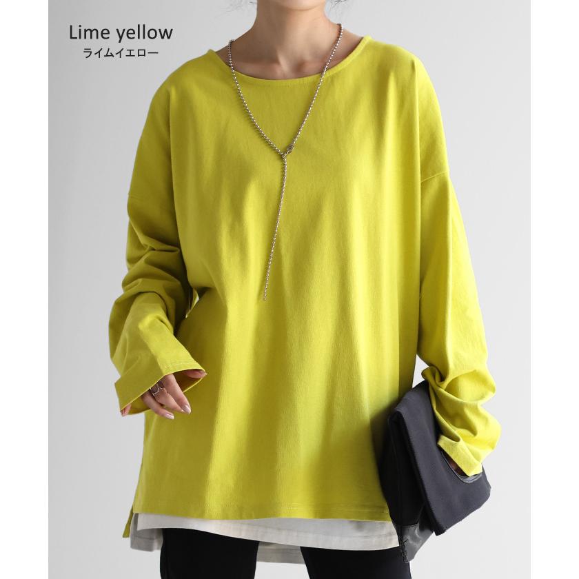 Tシャツ ロンT バスクT レディース トップス ボートネック 長袖 スリット 綿100％ 無地 Uネック 体型カバー | HUG.U | 21