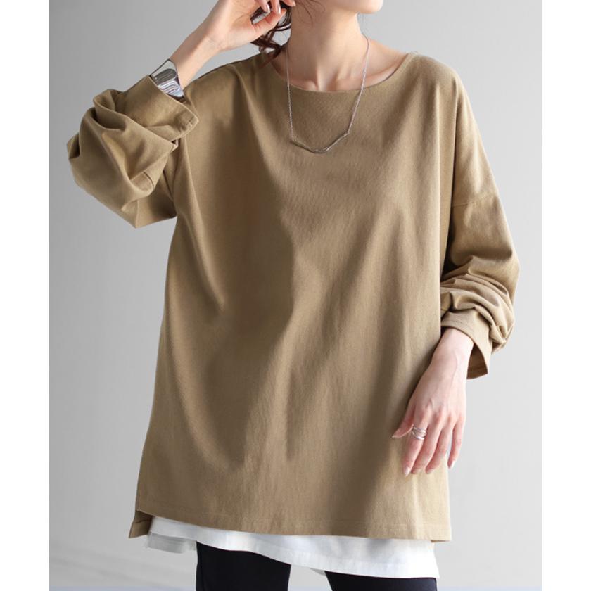 Tシャツ ロンT バスクT レディース トップス ボートネック 長袖 スリット 綿100％ 無地 Uネック 体型カバー | HUG.U | 09