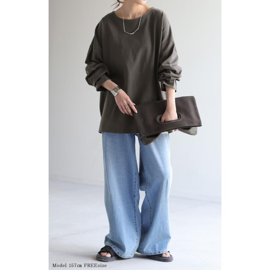 Tシャツ ロンT バスクT レディース トップス ボートネック 長袖 スリット 綿100％ 無地 Uネック 体型カバー | HUG.U | 11