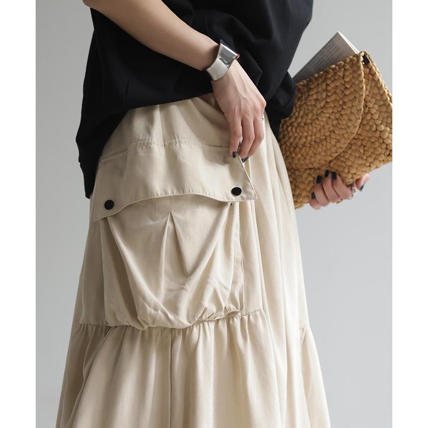 スカート 桃生地 Aライン ビッグポケット レディース ロングスカート ボリューム ボトムス ビッグ ポケット フレア フレアスカート2 | HUG.U | 12