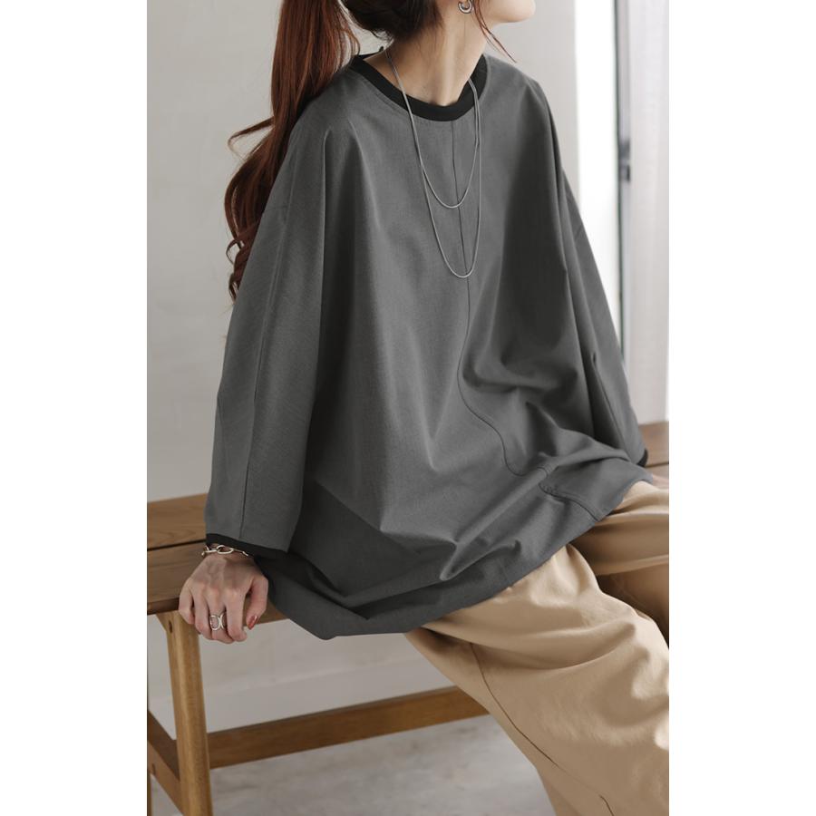 ロンT 体型カバー ドルマン トップス 二の腕カバー レディース カットソー 配色 リブ プルオーバー 無地 | HUG.U | 19