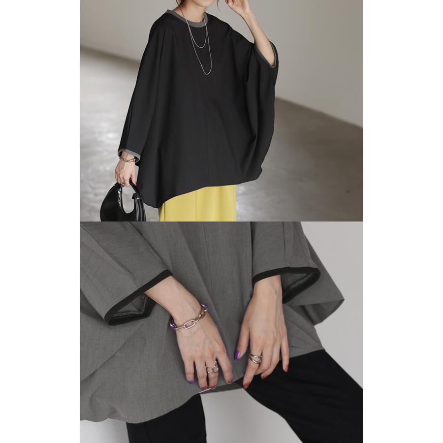 ロンT 体型カバー ドルマン トップス 二の腕カバー レディース カットソー 配色 リブ プルオーバー 無地 | HUG.U | 22