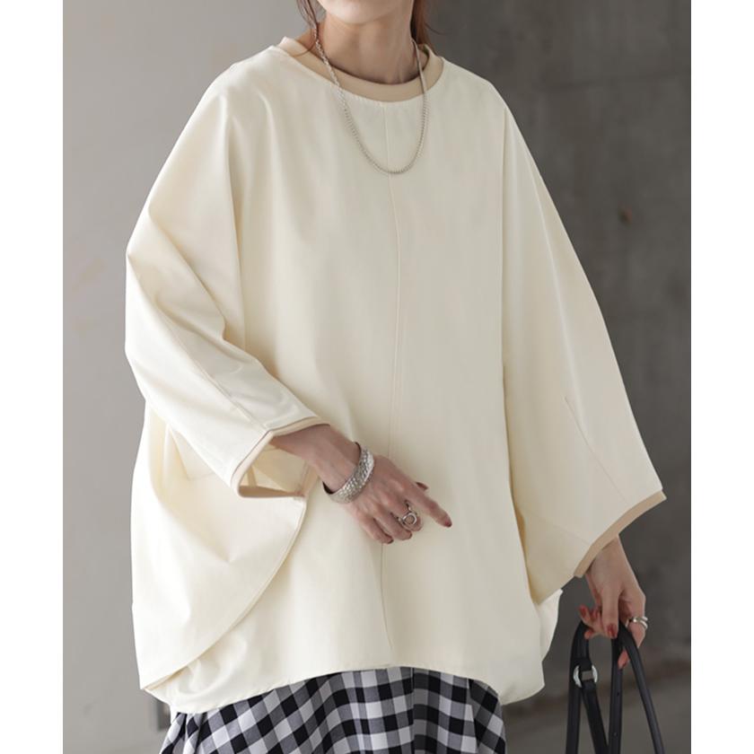 ロンT 体型カバー ドルマン トップス 二の腕カバー レディース カットソー 配色 リブ プルオーバー 無地 | HUG.U | 07